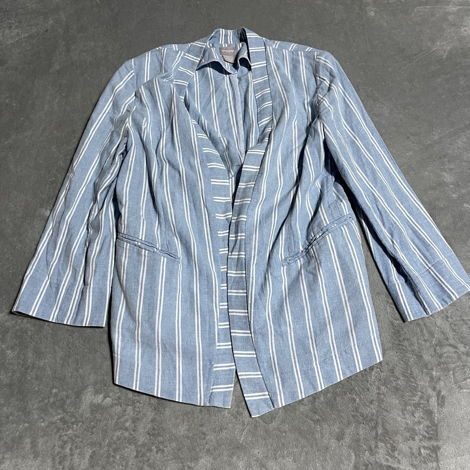 Chicos Open Front Blazer Womens 8 10 Blue White Striped Office Coastal Preppy